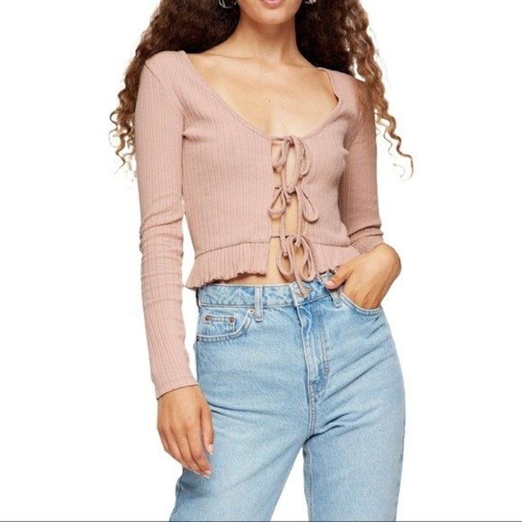 TOPSHOP Lace up Front Cardigan in Dusty Pink - Size 10 NWT - Picture 2 of 5